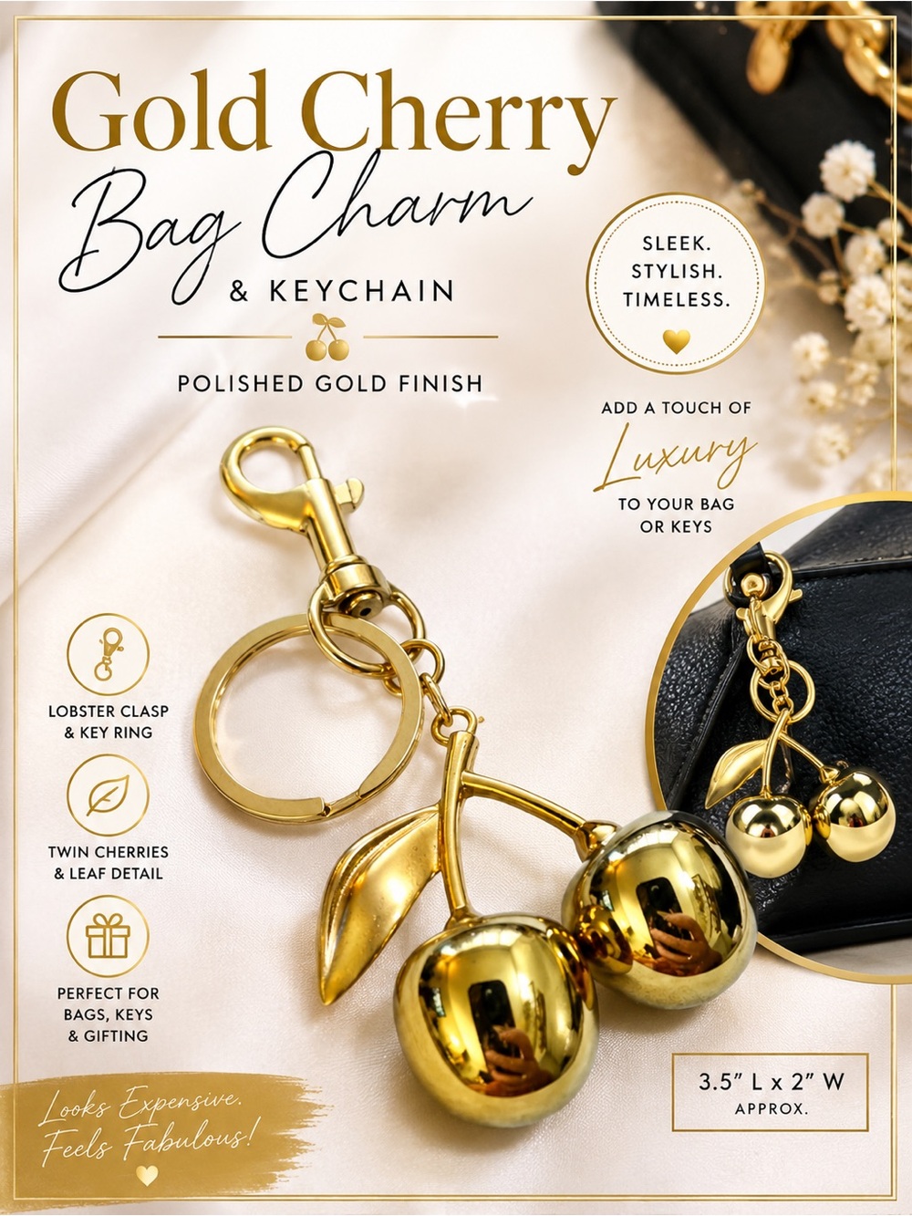 Gold Cherry Gold Bag Charm & Keychain New Without Tags